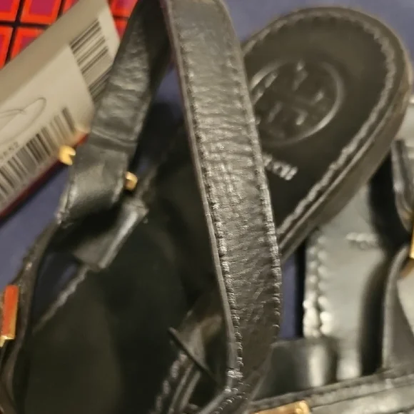 Tory Burch Black Sandals with Gold Emblem - Picture 7 of 8